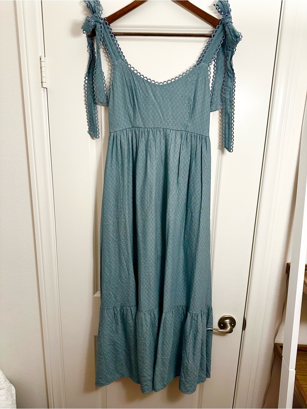 Mine Dusty Teal Lace Tie Shoulder Maxi Dress Cottagecore Small